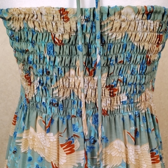 04099 Raga aqua, tan & rust bird print tiered satin strapless maxi dress M - Picture 10 of 14